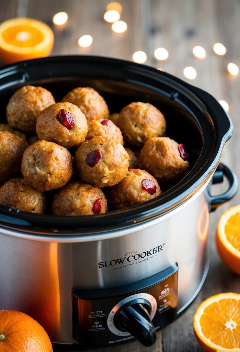 A slow cooker filled with cranberry orange sausage balls