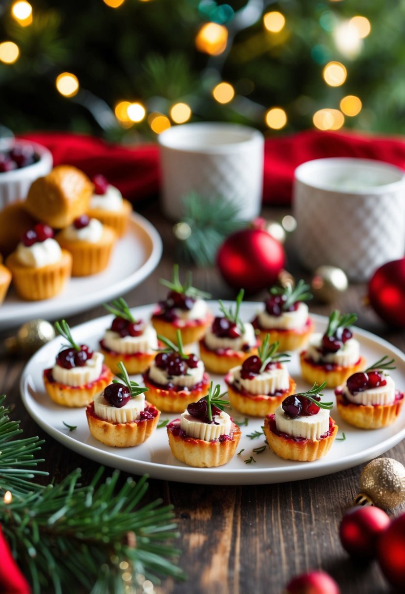 A festive table spread with cranberry brie bites, adorned with holiday garnishes and surrounded by twinkling Christmas decor