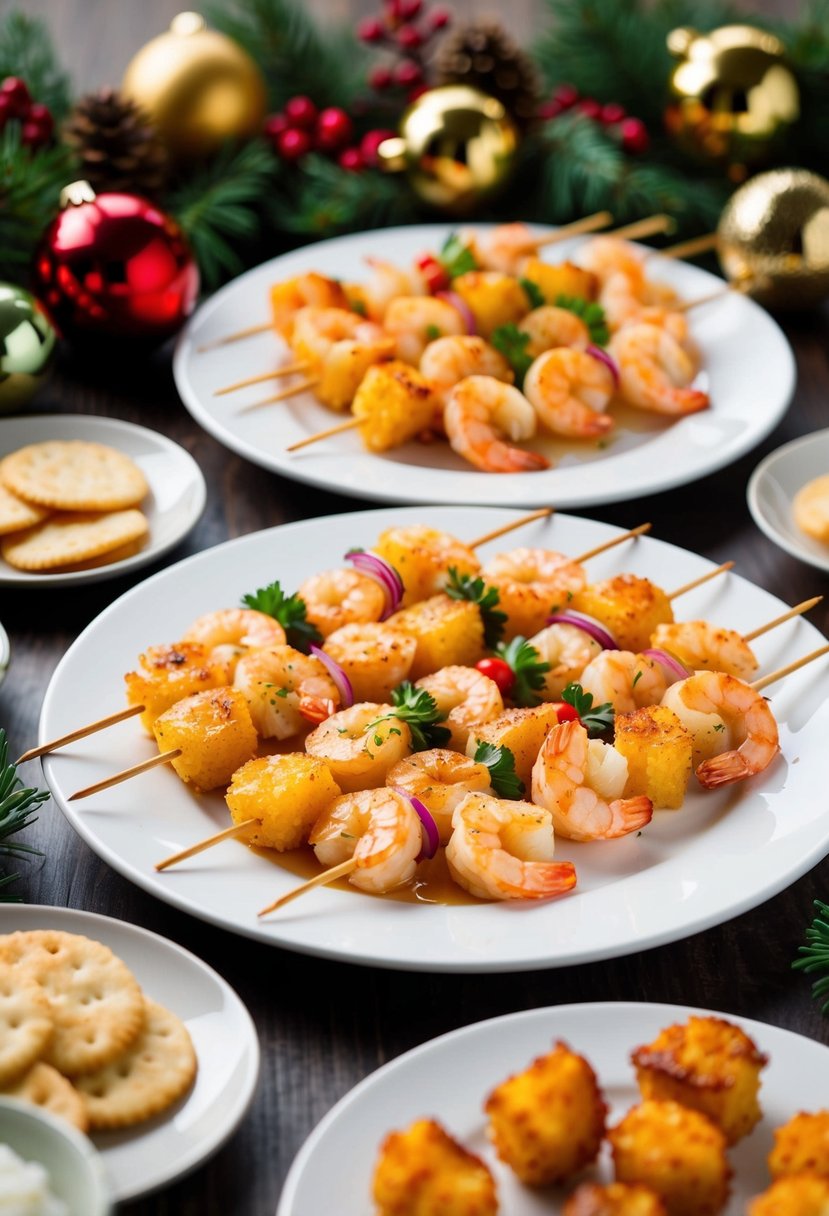 A festive table spread with honey garlic shrimp skewers, surrounded by holiday decorations and appetizer plates