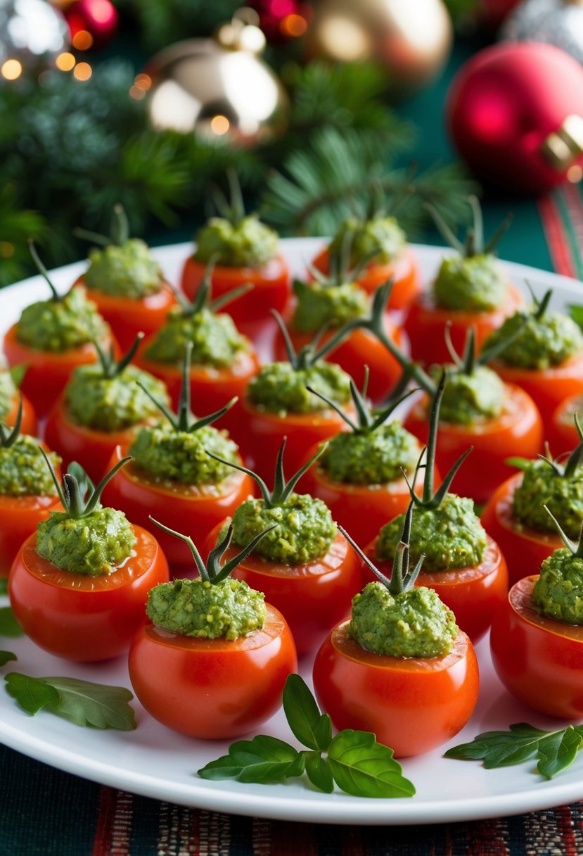 A platter of cherry tomatoes stuffed with pesto, garnished with fresh herbs, and arranged on a festive holiday table