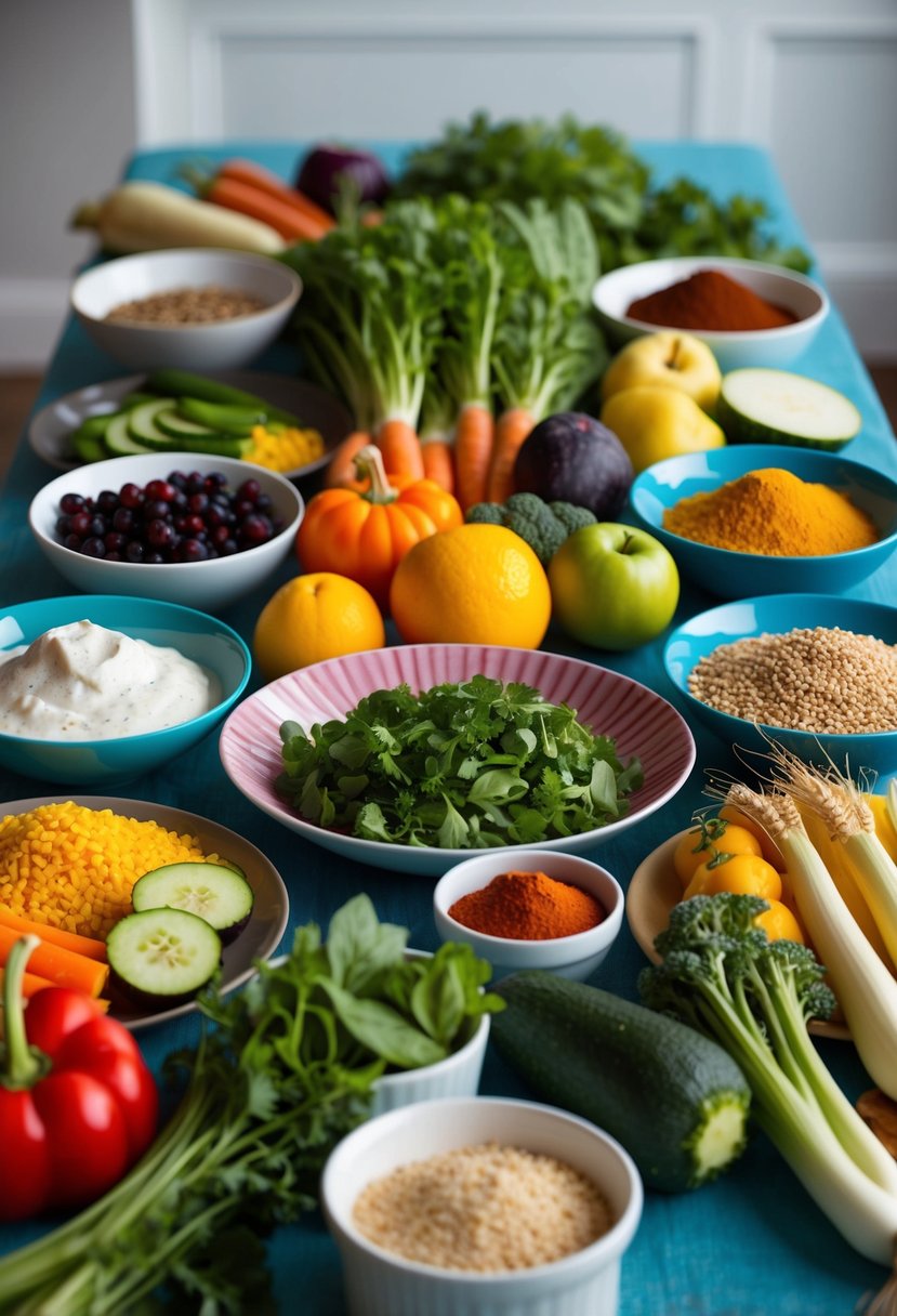 A table set with a colorful array of fresh vegetables, fruits, and grains, with a variety of dairy-free ingredients and spices