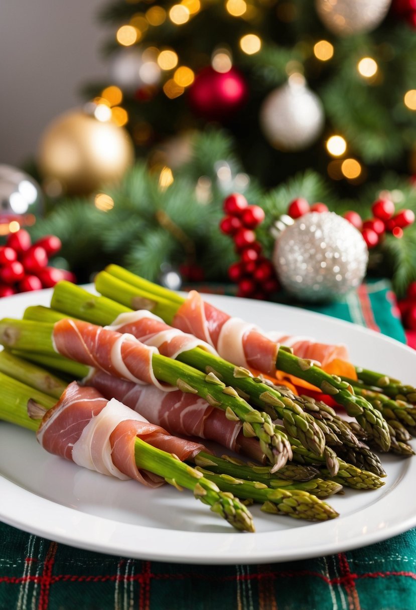 Asparagus spears wrapped in prosciutto on a festive platter with holiday decorations in the background