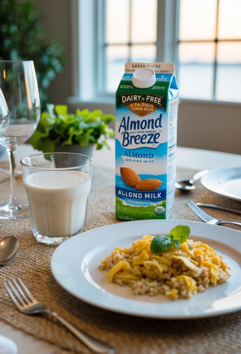 A serene dinner table setting with a glass of Almond Breeze Almond Milk, alongside a plate of dairy-free simple dinner recipes