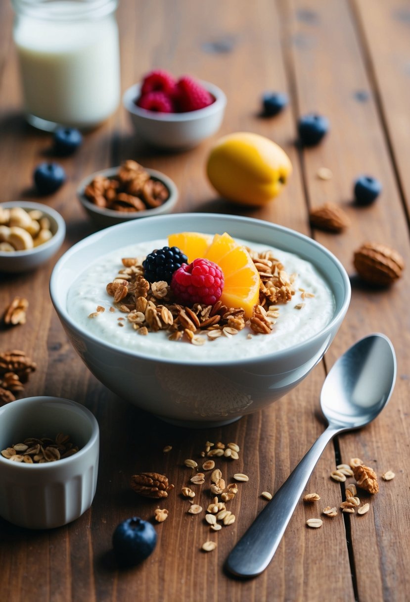 A bowl of coconut milk yogurt topped with fresh fruit and granola on a wooden table, surrounded by ingredients like berries and nuts