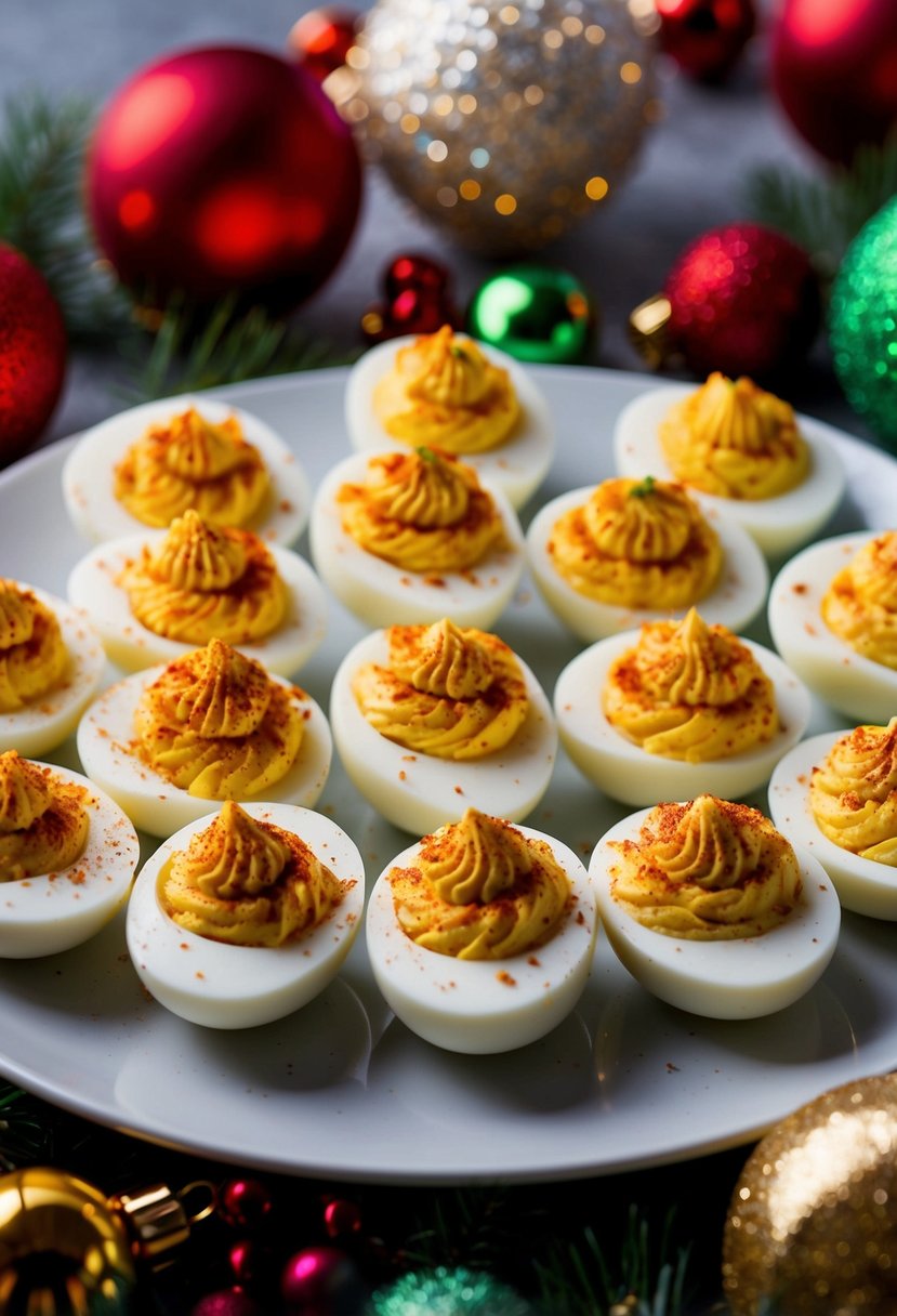 A platter of spicy deviled eggs surrounded by festive holiday decorations