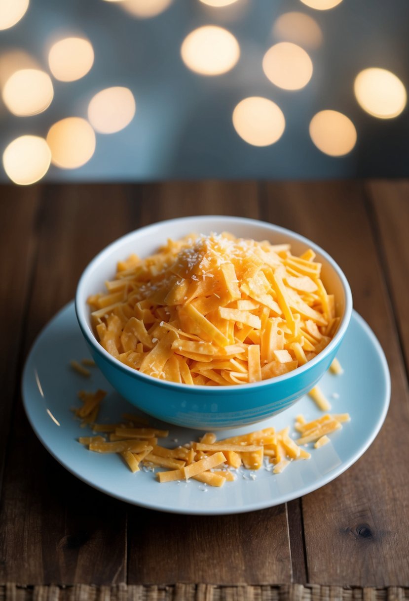 A bowl of Daiya Cheddar Style Shreds sprinkled over a plate of dairy-free simple dinner recipes