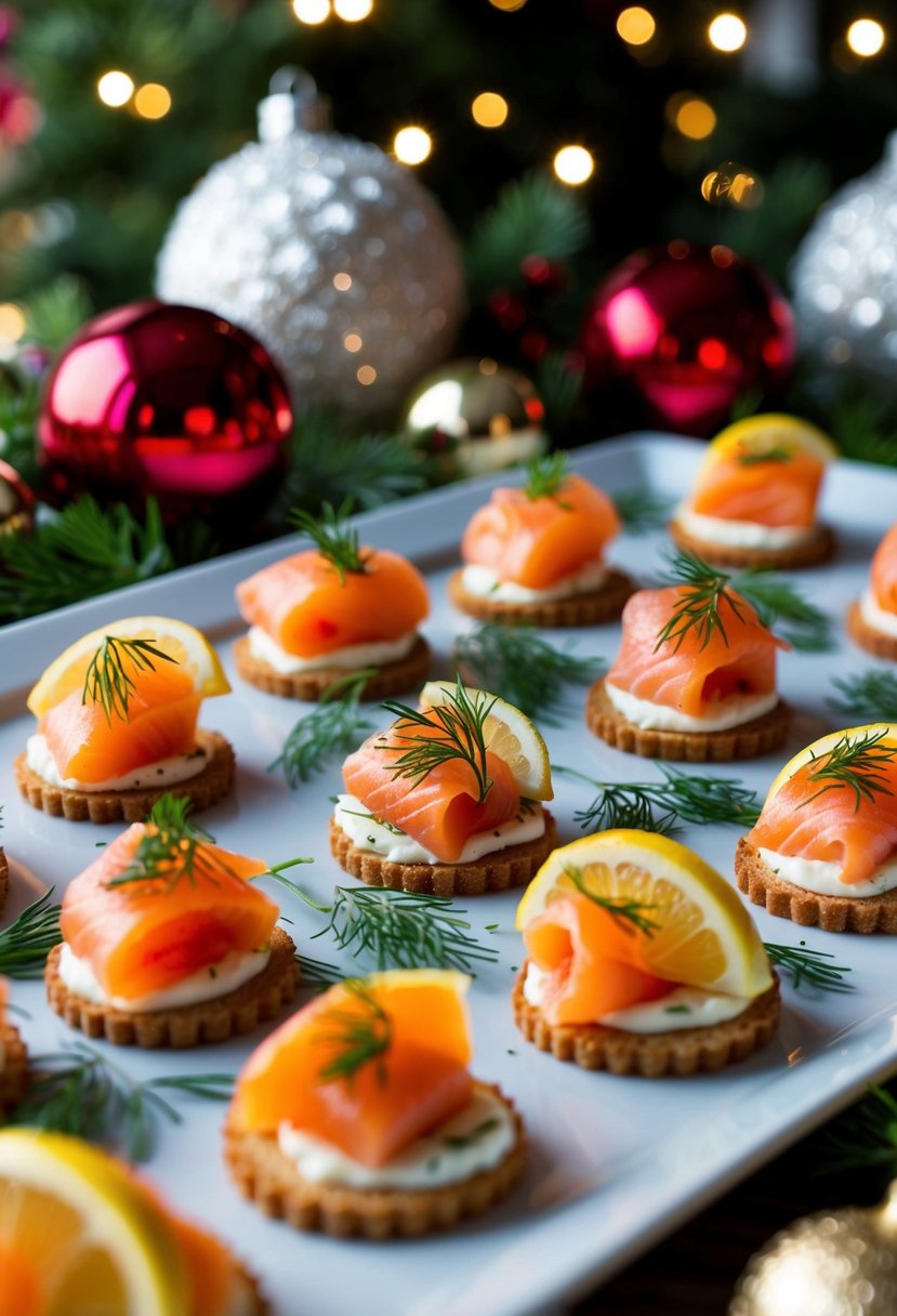 A festive table spread with smoked salmon canapés, garnished with dill and lemon, surrounded by holiday decor