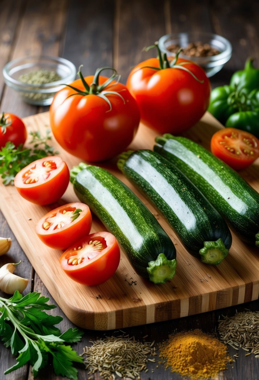 Fresh tomatoes and zucchinis on a wooden cutting board, surrounded by a variety of herbs and spices