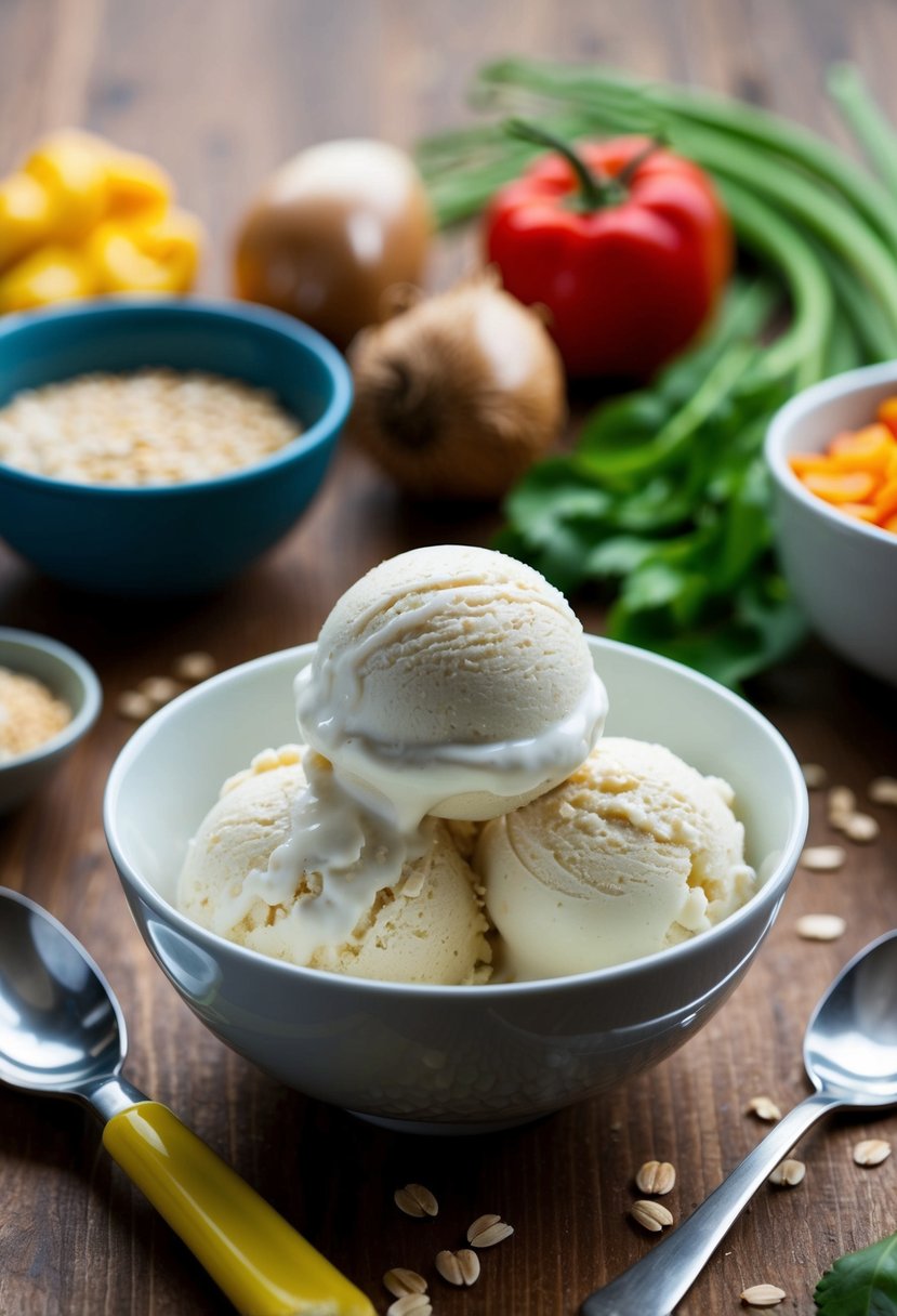 A bowl of oat milk ice cream surrounded by simple dinner ingredients, all dairy-free