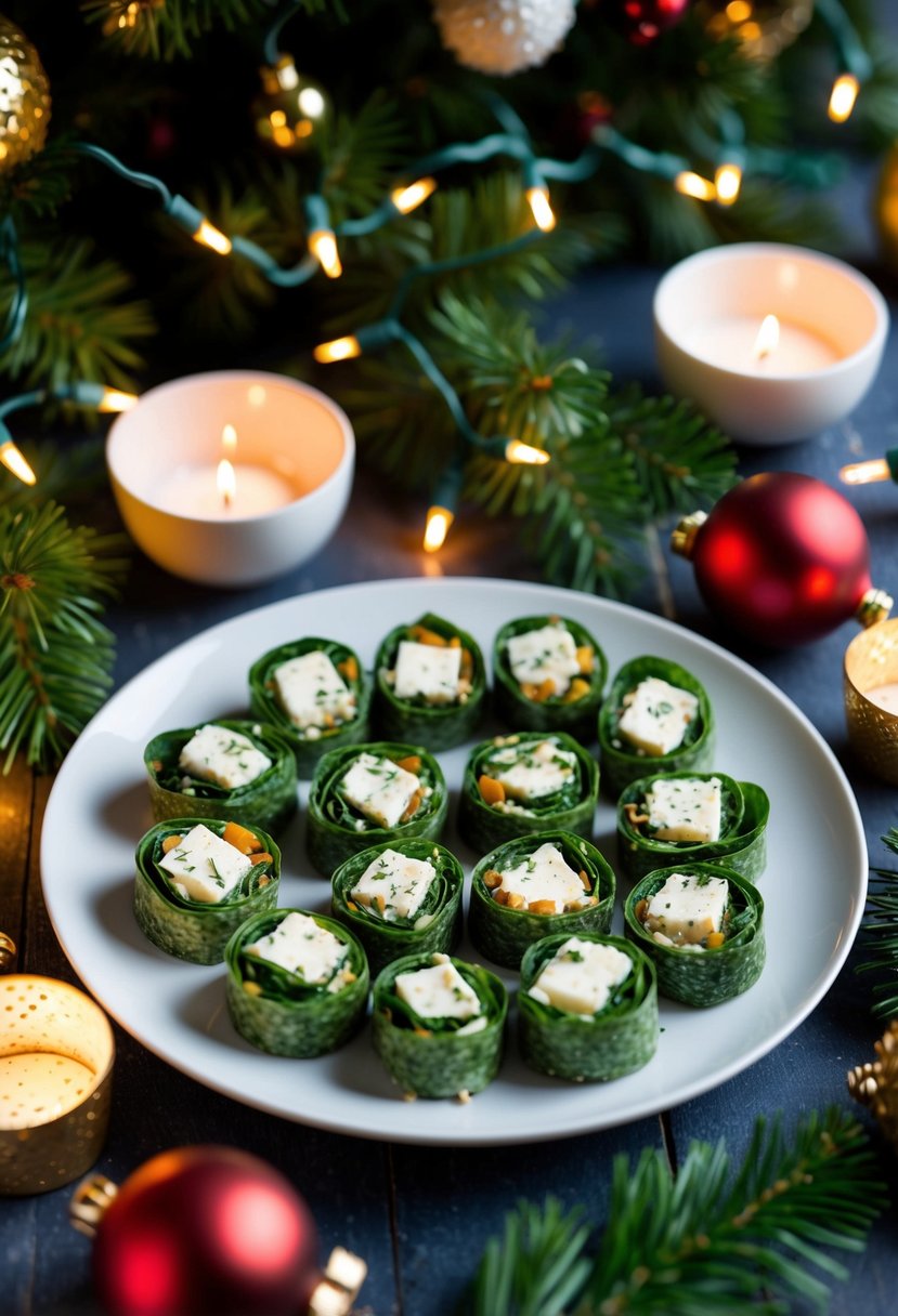 A festive table spread with feta and spinach pinwheels, surrounded by holiday decorations and twinkling lights