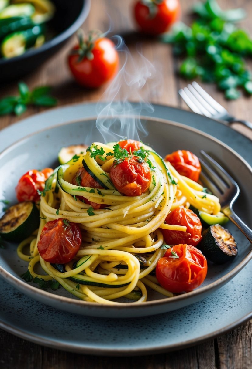 A steaming plate of pasta with roasted tomatoes and zucchini, garnished with fresh herbs on a rustic wooden table