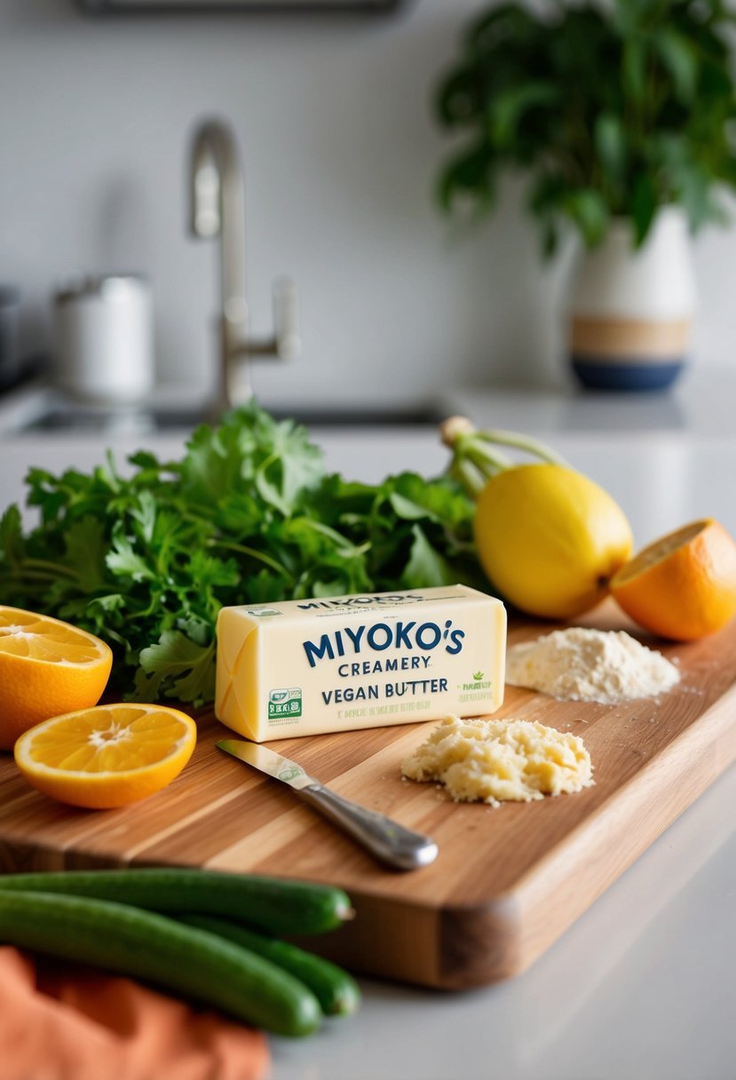 A spread of fresh ingredients and a stick of Miyoko's Creamery Vegan Butter on a clean, modern kitchen counter