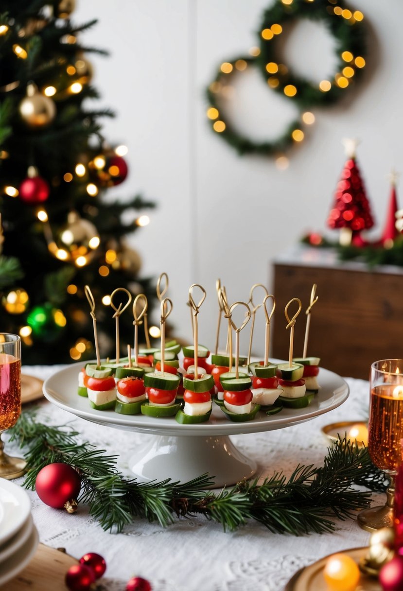 A festive table with mini Caprese skewers arranged on a platter, surrounded by holiday decorations and twinkling lights