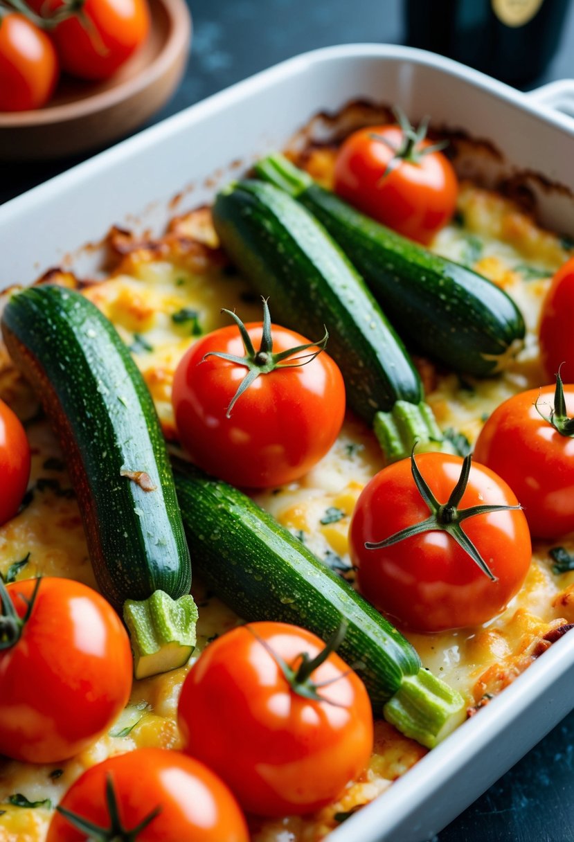 Fresh zucchini and ripe tomatoes arranged in a colorful, layered gratin dish