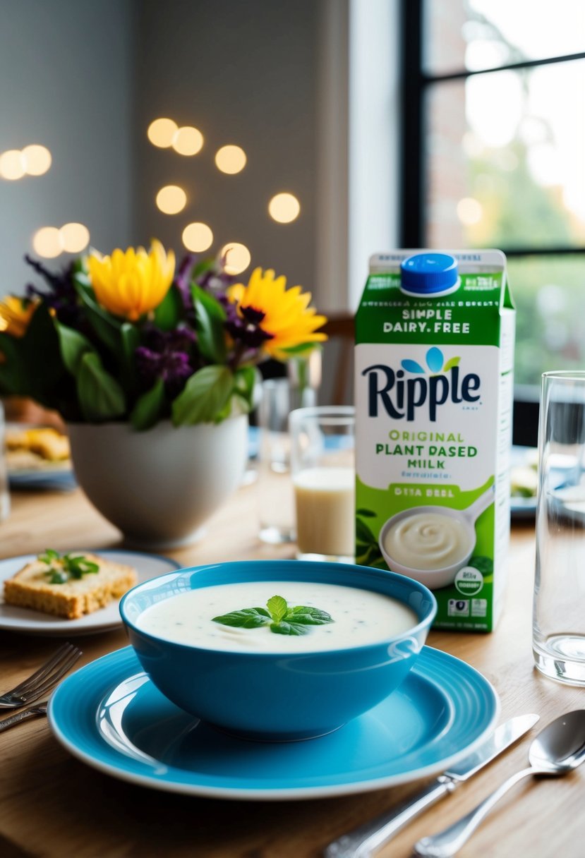 A dinner table set with a bowl of Ripple Original Plant-Based Milk alongside simple dairy-free dinner recipes