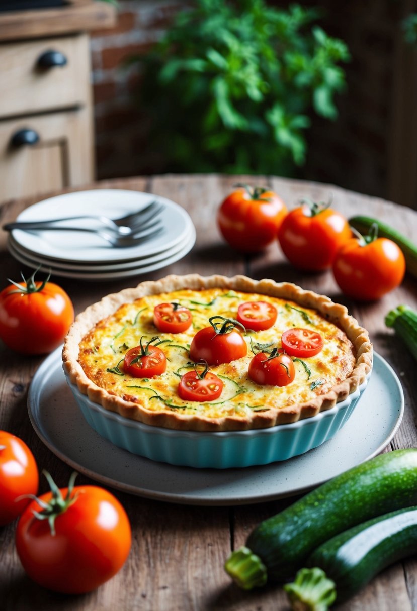 A rustic kitchen table with a freshly baked tomato zucchini quiche surrounded by ripe tomatoes and vibrant zucchinis