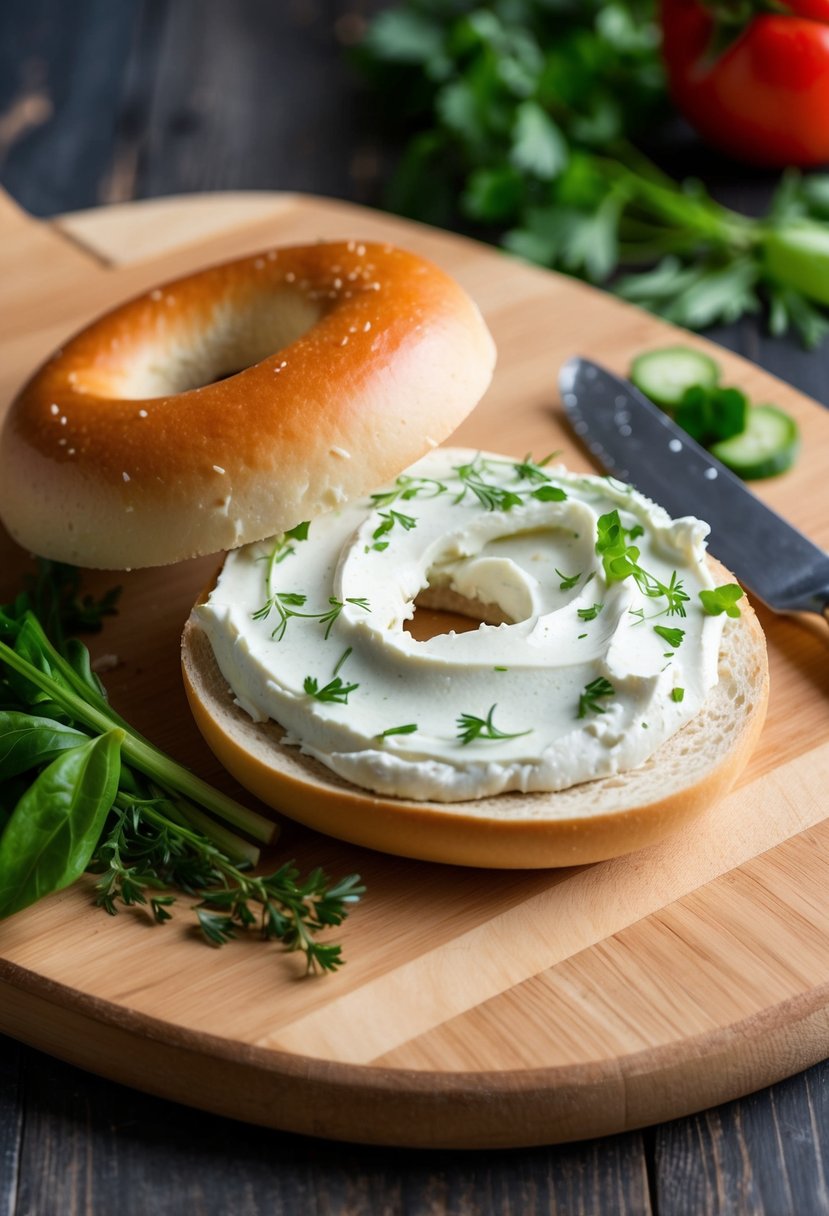 A spread of dairy-free cream cheese on a bagel with fresh vegetables and herbs on a wooden cutting board