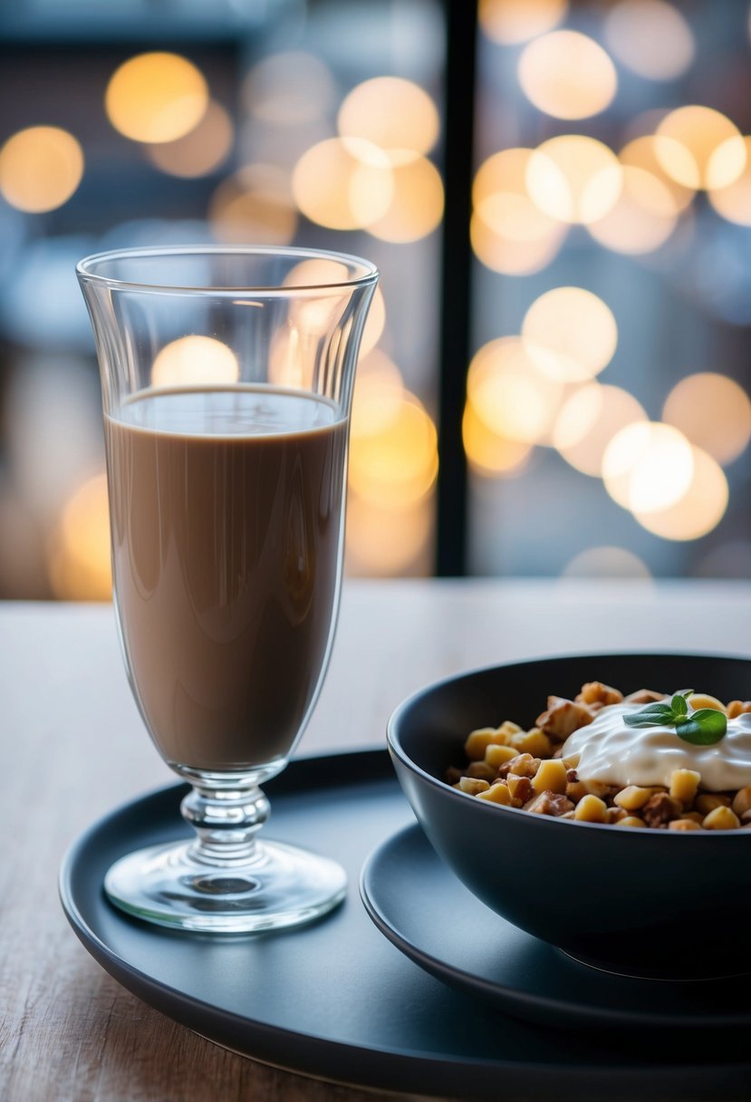 A glass of Silk Soy Milk Chocolate Flavor sits next to a bowl of dairy-free dinner