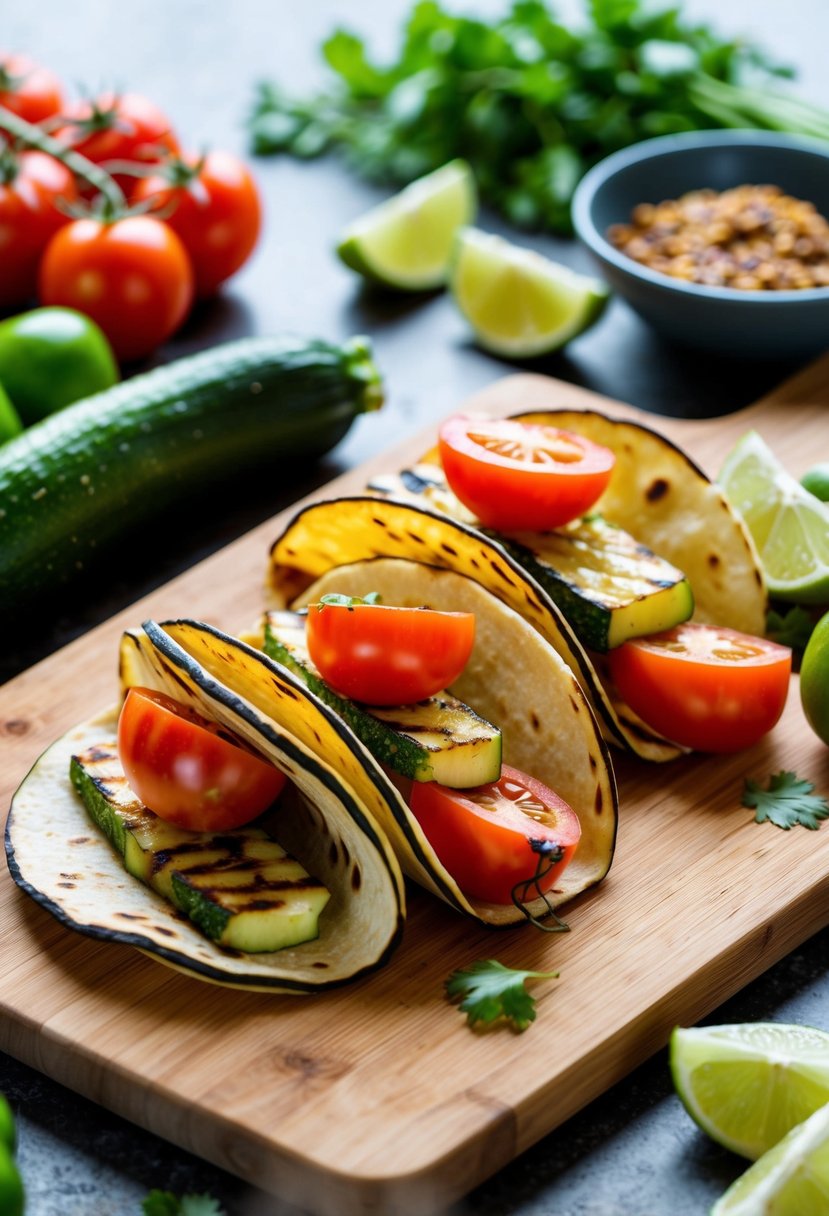 Grilled zucchini and tomato tacos on a wooden cutting board surrounded by fresh ingredients