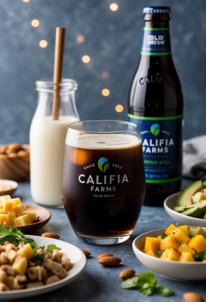 A glass of Califia Farms Cold Brew Coffee with Almond Milk surrounded by simple dinner ingredients, all dairy-free