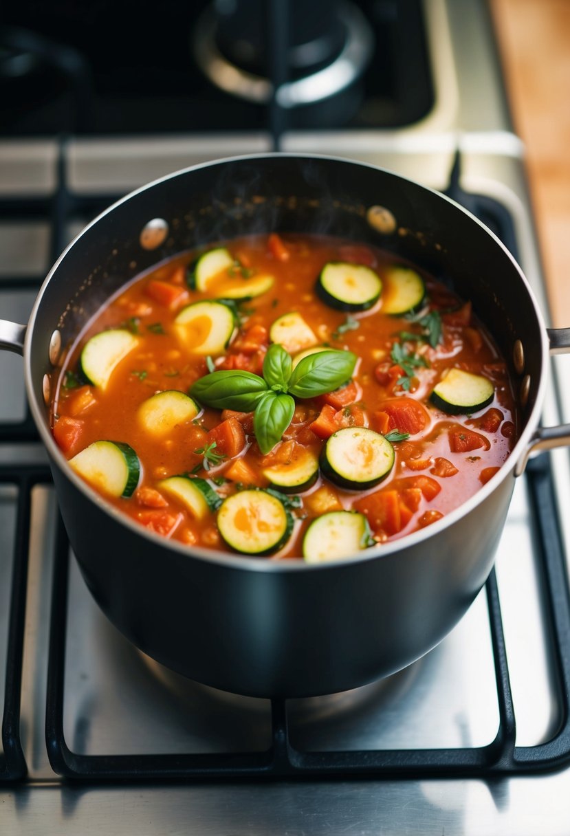 A pot of simmering zucchini tomato basil soup on a stovetop