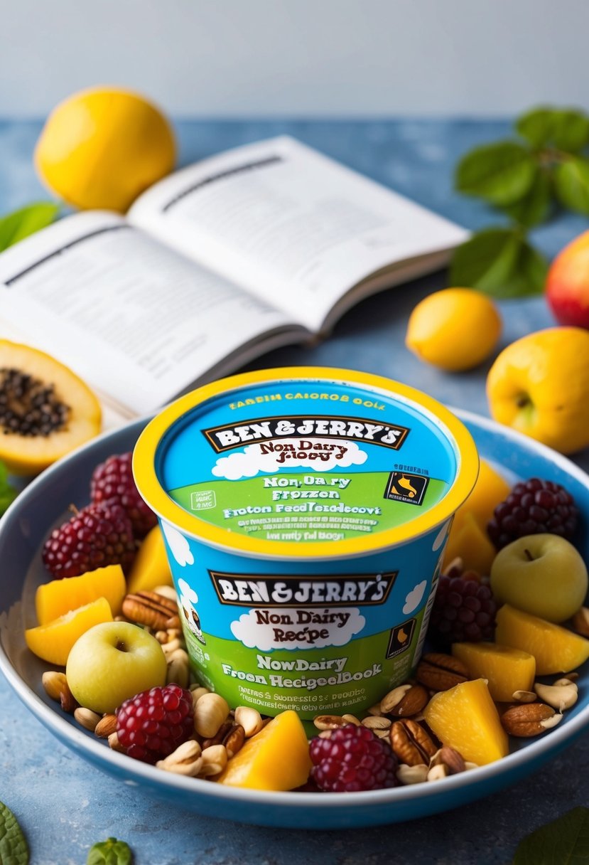 A colorful bowl of Ben & Jerry's Non-Dairy Frozen Dessert surrounded by fresh fruit and nuts, with a simple dinner recipe book open nearby