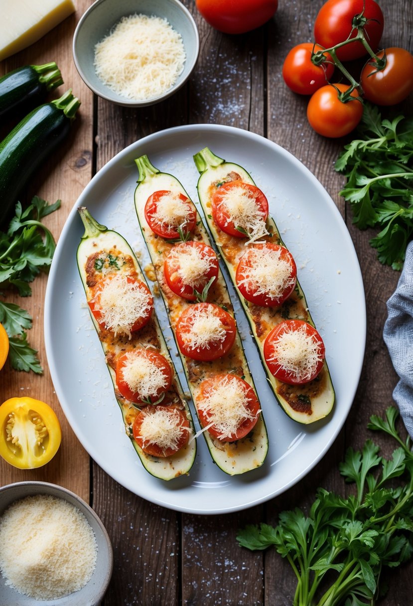 A rustic wooden table with a platter of baked zucchini and tomatoes sprinkled with Parmesan cheese, surrounded by fresh ingredients