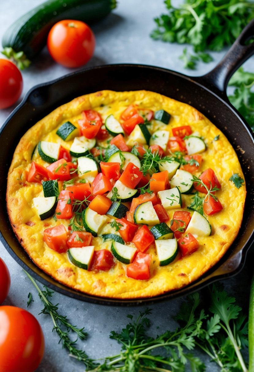 A colorful frittata sizzling in a skillet, filled with diced tomatoes and zucchini, surrounded by fresh produce and herbs