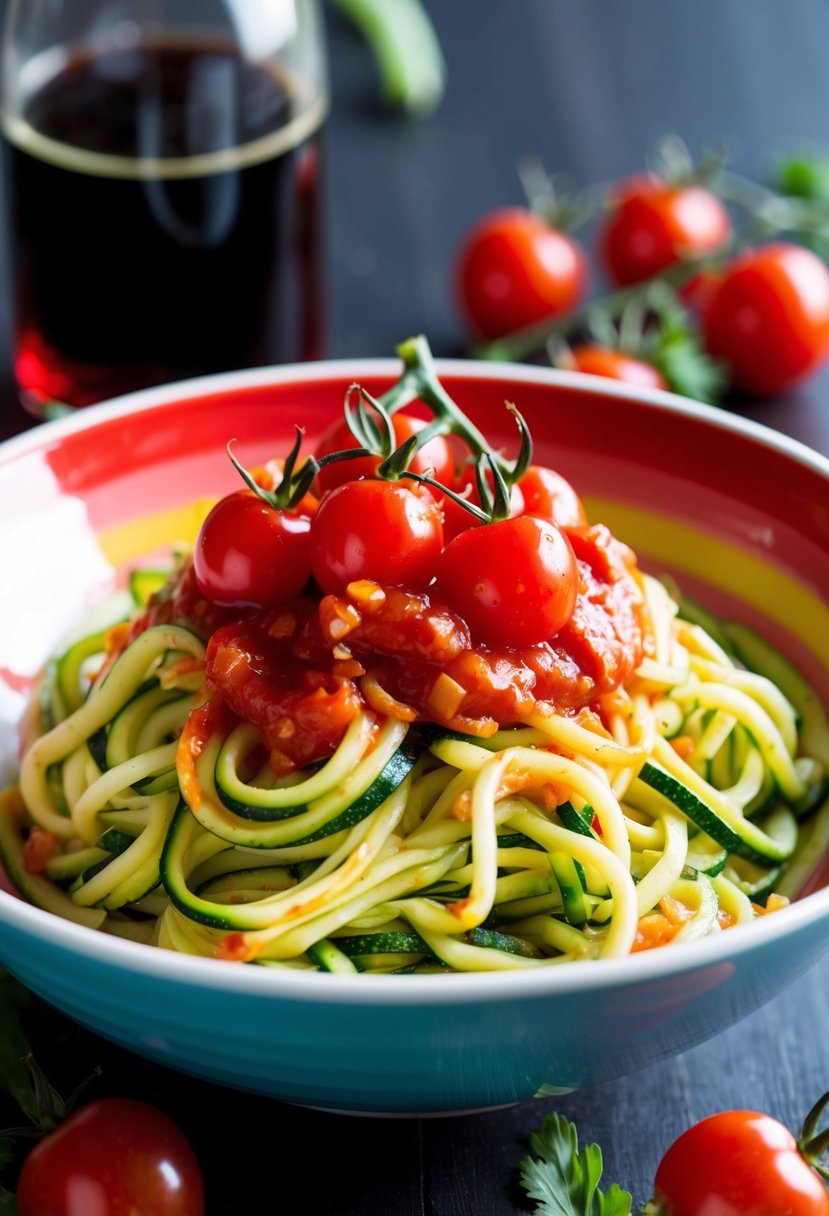 A colorful bowl of zucchini noodles topped with cherry tomato sauce