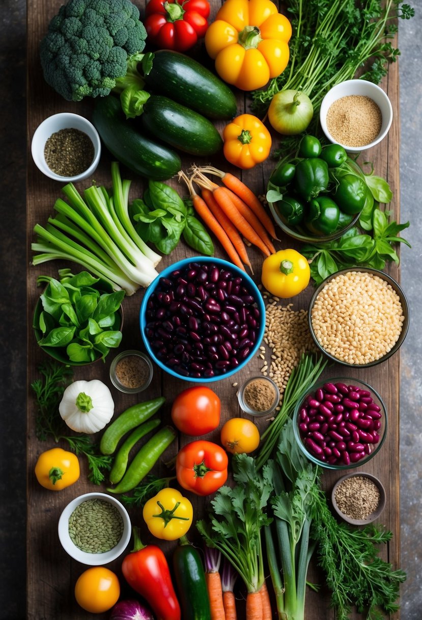 A colorful array of vegetables, beans, and whole grains arranged on a rustic wooden table, surrounded by fresh herbs and spices