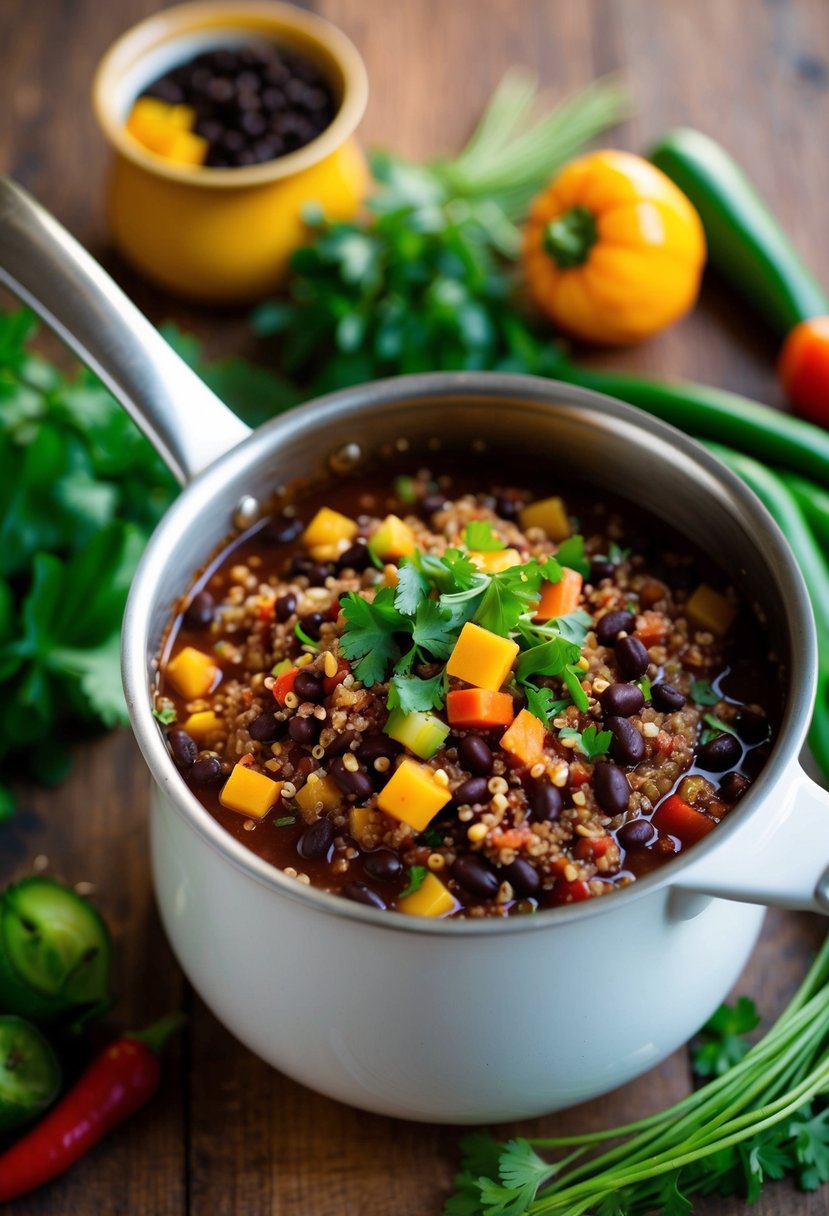 A steaming pot of quinoa and black bean chili surrounded by colorful vegetables and herbs