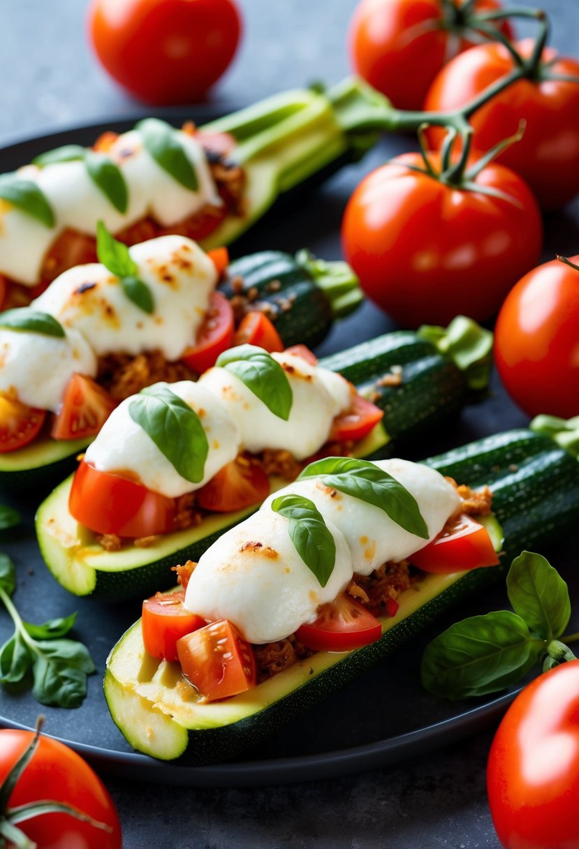 Fresh zucchini stuffed with tomato and mozzarella, surrounded by vibrant, ripe tomatoes