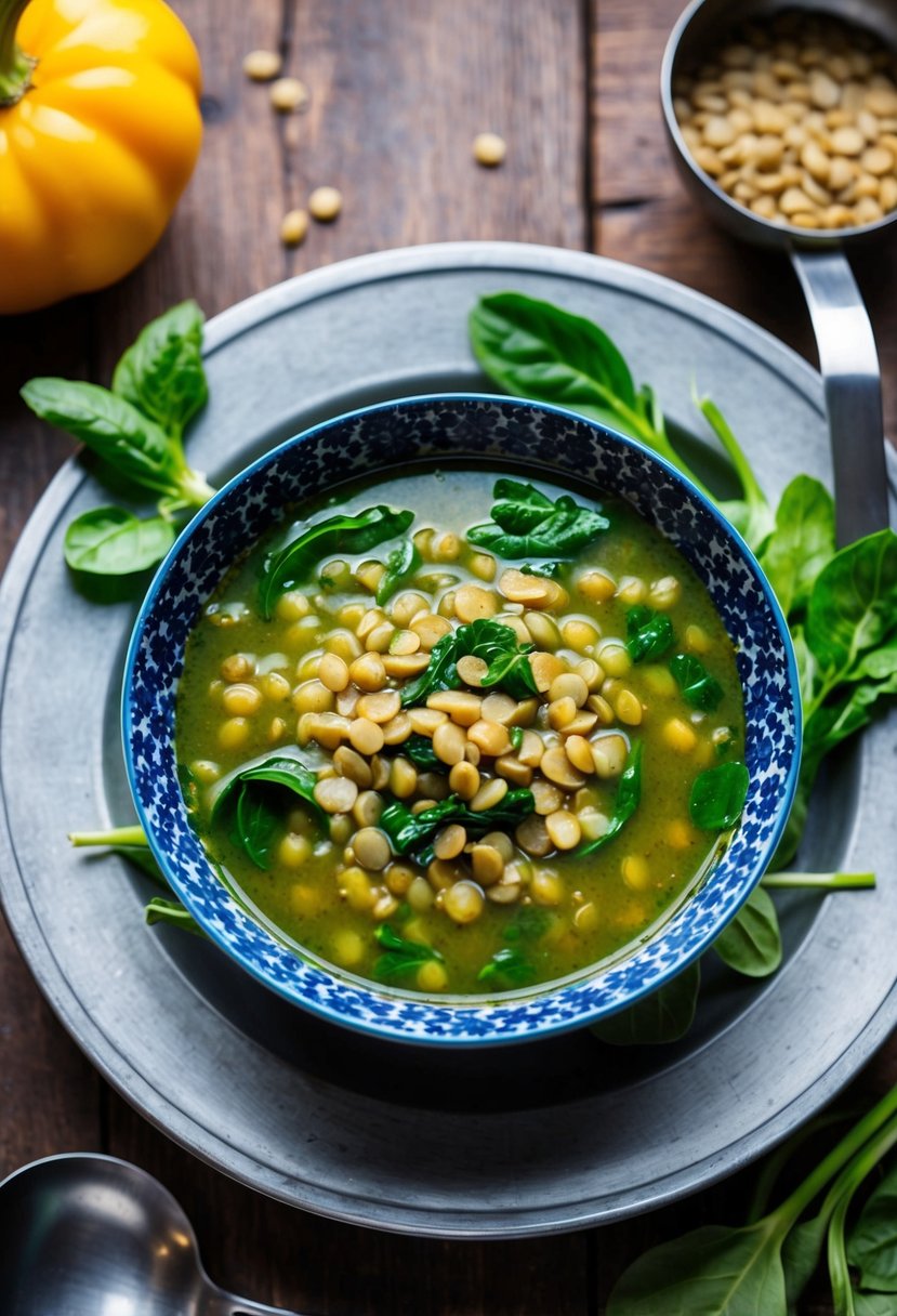 A steaming bowl of lentil and spinach soup sits on a rustic wooden table, surrounded by fresh ingredients and a ladle