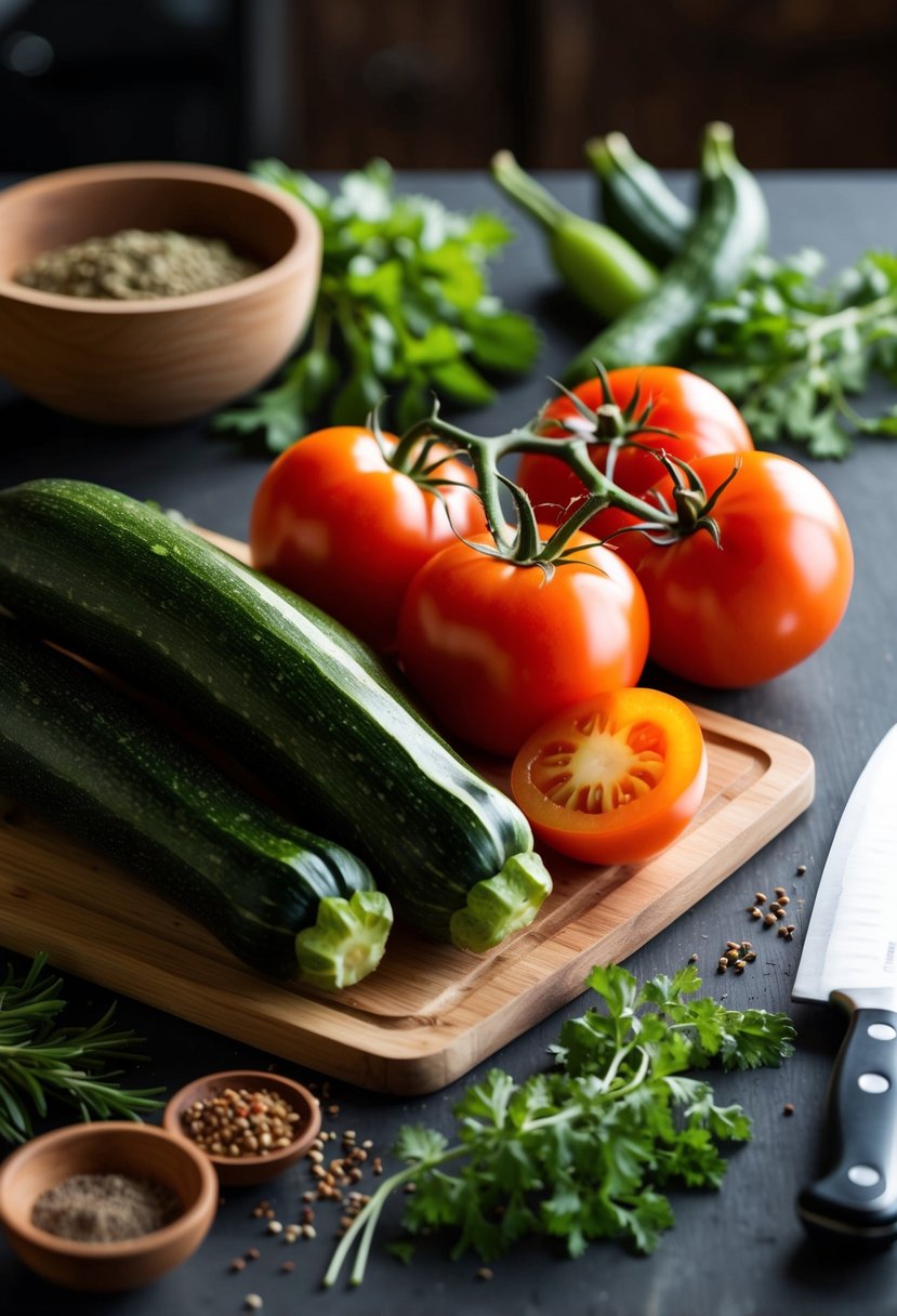 Fresh tomatoes and zucchinis piled next to a cutting board with a knife, surrounded by herbs and spices