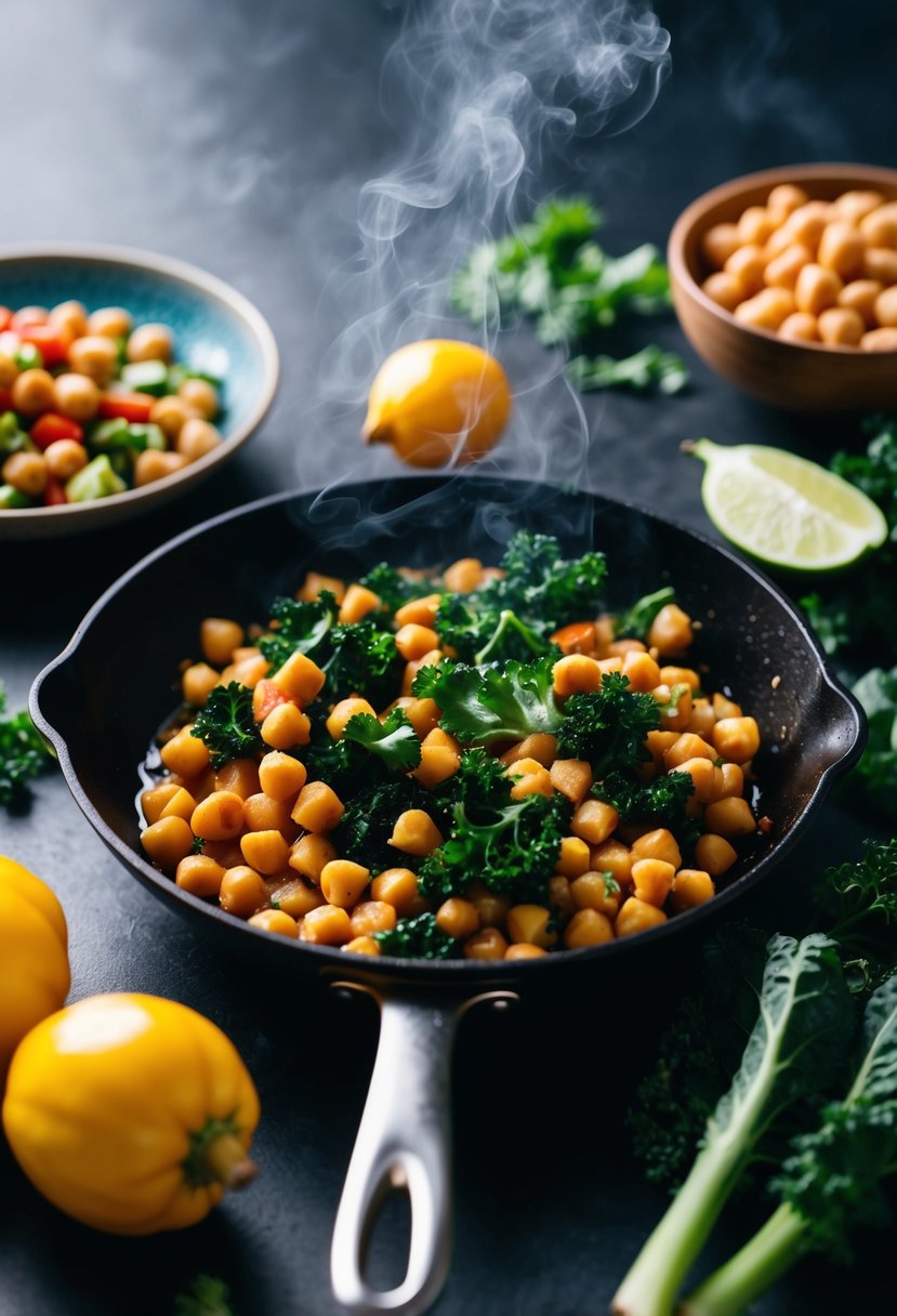 A sizzling skillet holds a colorful array of chickpeas, kale, and assorted vegetables, emitting a tantalizing aroma