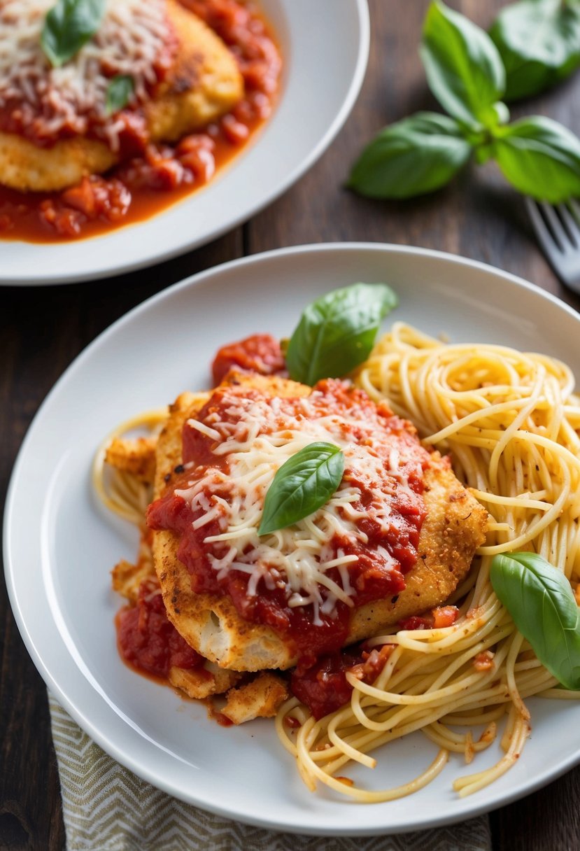 A sizzling chicken parmesan dish on a white plate with a side of spaghetti and marinara sauce, garnished with fresh basil leaves