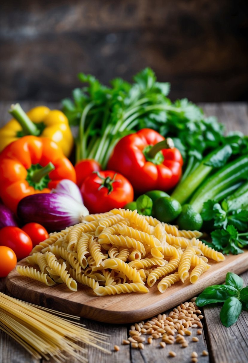 A colorful array of fresh vegetables and whole wheat pasta arranged on a rustic wooden table