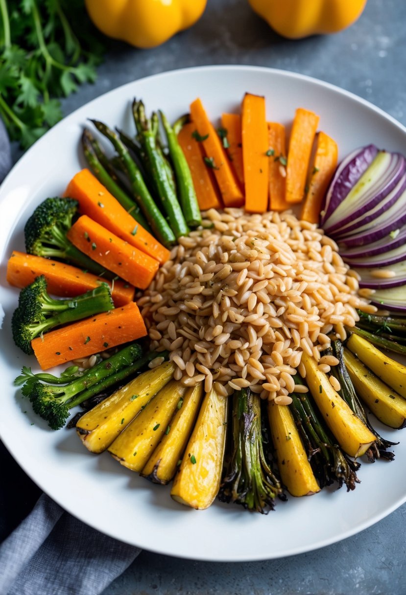 A colorful array of roasted vegetables and cooked farro arranged on a plate, showcasing a healthy and fiber-rich dinner option