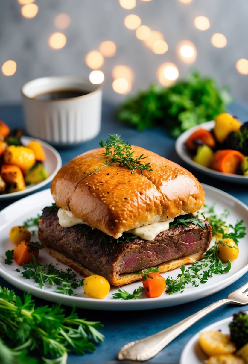 A perfectly golden Beef Wellington sits on a white plate surrounded by vibrant green herbs and colorful roasted vegetables