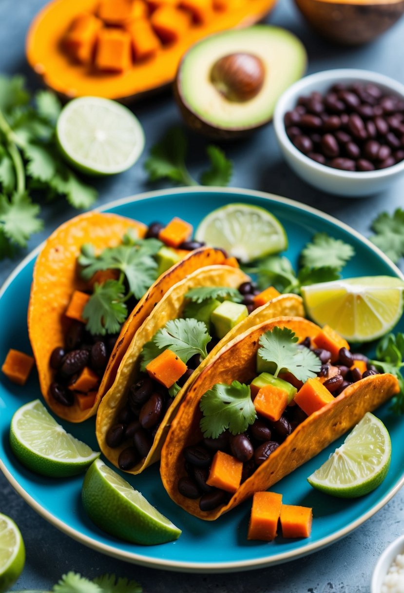 A colorful plate of sweet potato and black bean tacos, surrounded by fresh ingredients like cilantro, avocado, and lime slices