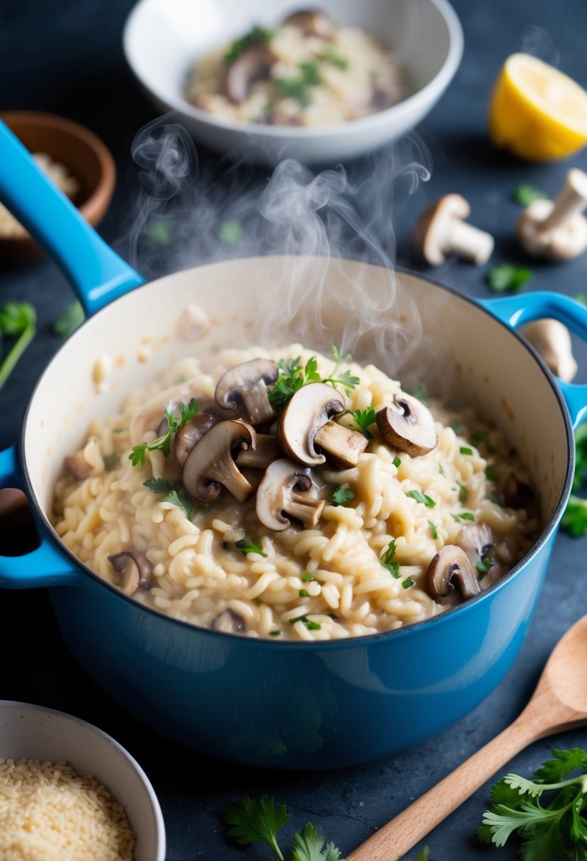 A steaming pot of creamy mushroom risotto surrounded by fresh ingredients and a wooden spoon