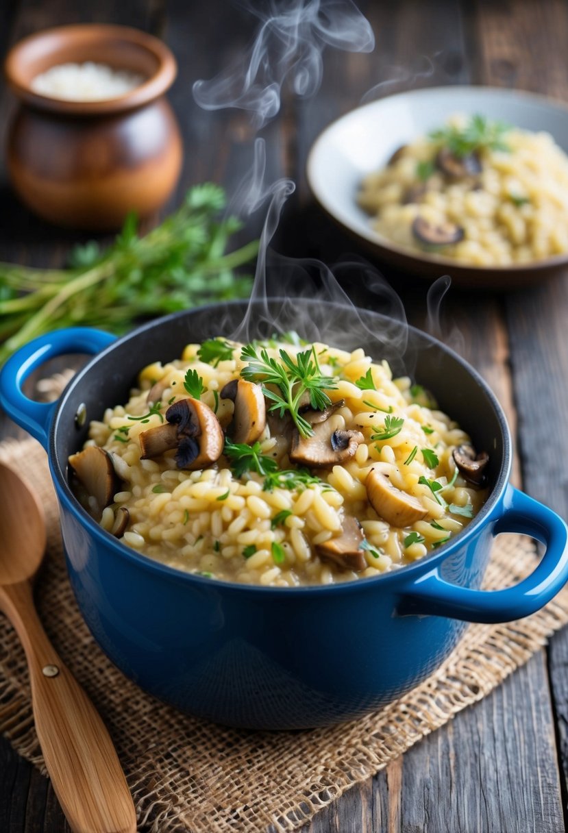 A pot of creamy barley risotto with sautéed mushrooms and fresh herbs, steaming on a rustic wooden table