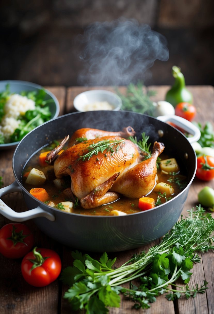 A bubbling pot of Coq au Vin surrounded by fresh herbs and vegetables on a rustic wooden table