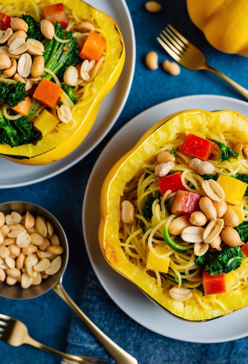 A colorful array of spaghetti squash, vegetables, and peanuts arranged on a plate, with a fork nearby