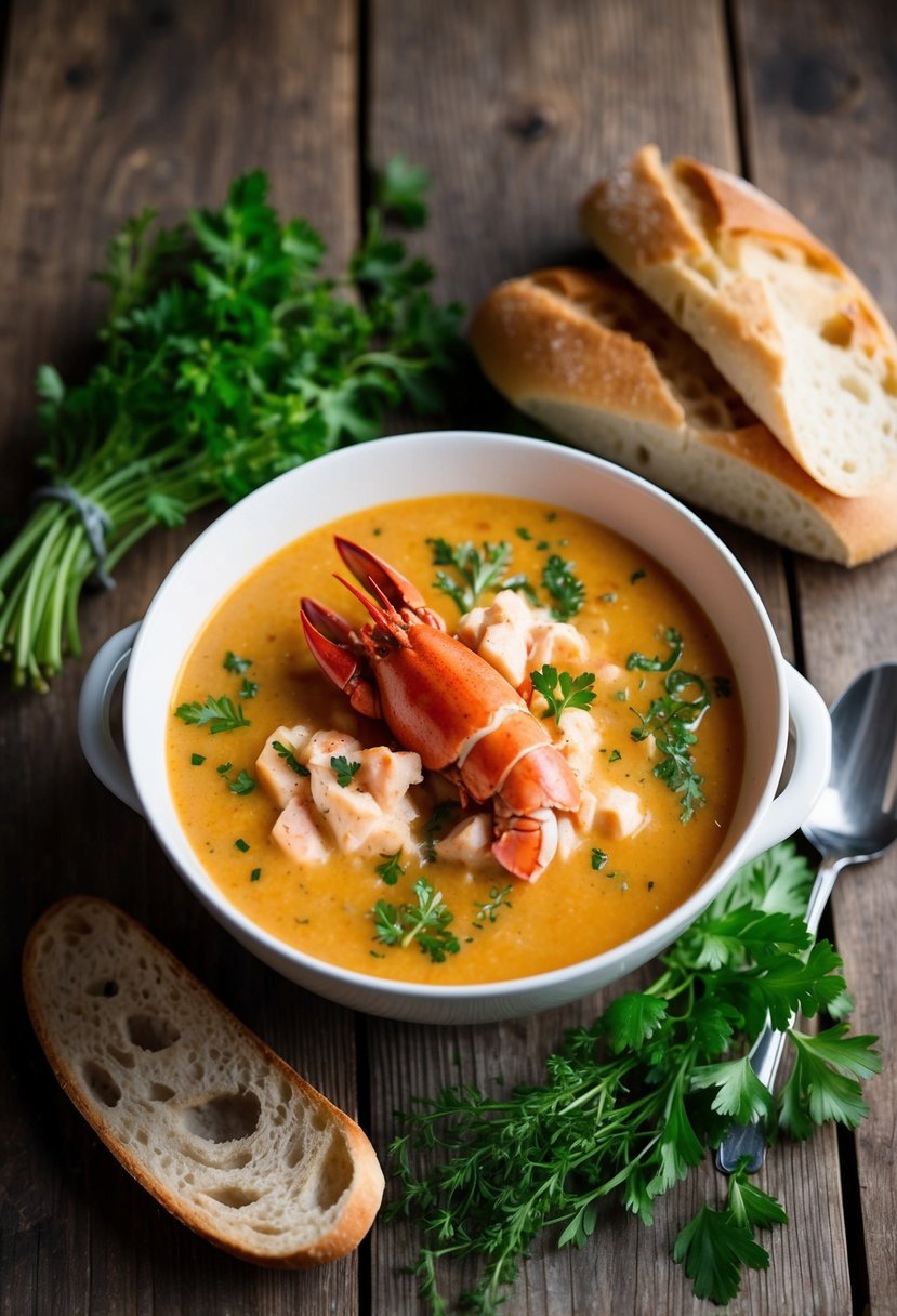 A steaming bowl of lobster bisque surrounded by fresh herbs and a side of crusty bread on a rustic wooden table