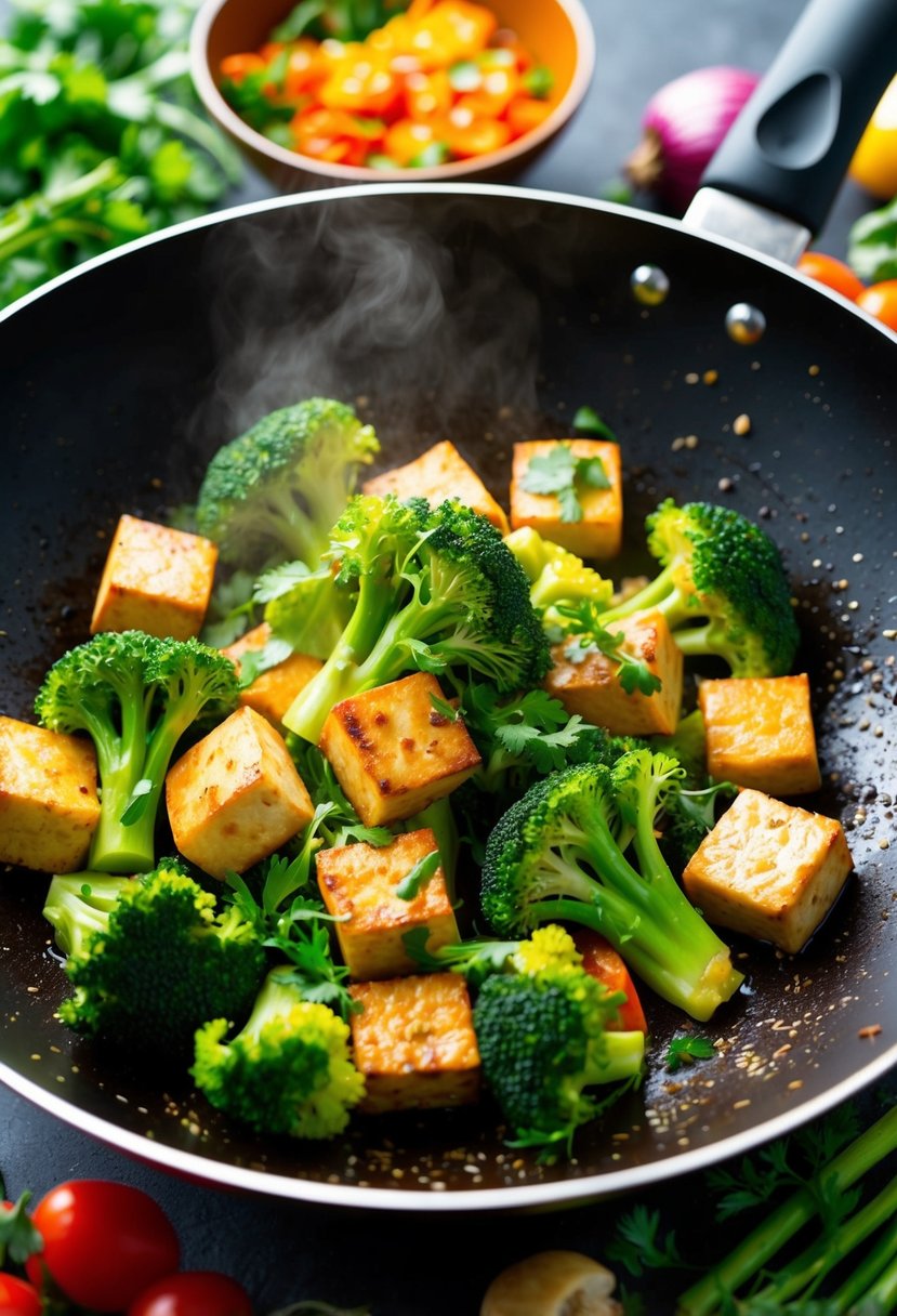 A sizzling wok filled with vibrant broccoli and tofu, surrounded by colorful array of fresh vegetables and aromatic herbs