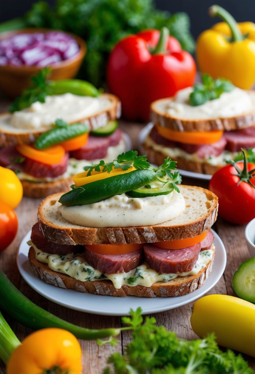 A colorful array of fresh ingredients, including vibrant vegetables, succulent meats, and creamy spreads, all layered between slices of hearty bread