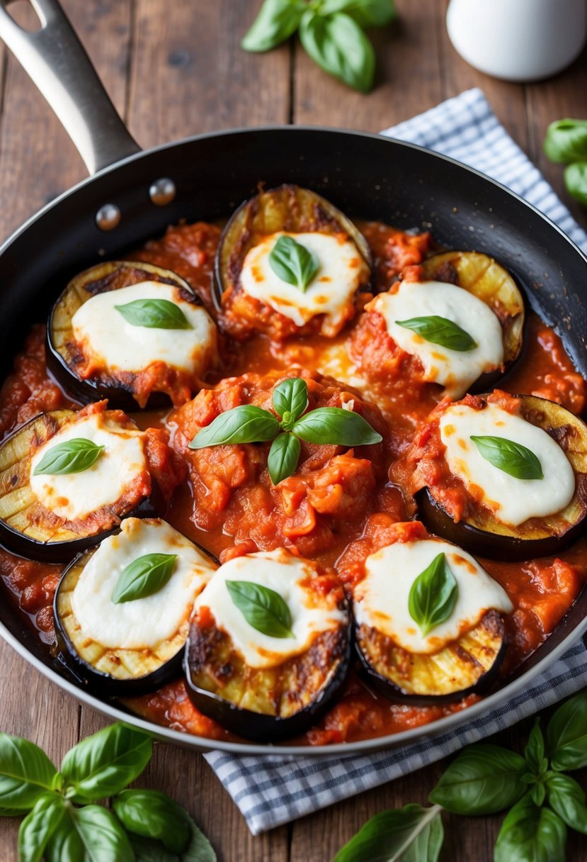 A sizzling skillet of golden-brown eggplant slices, smothered in rich tomato sauce and melted mozzarella cheese, surrounded by a sprinkling of fresh basil leaves