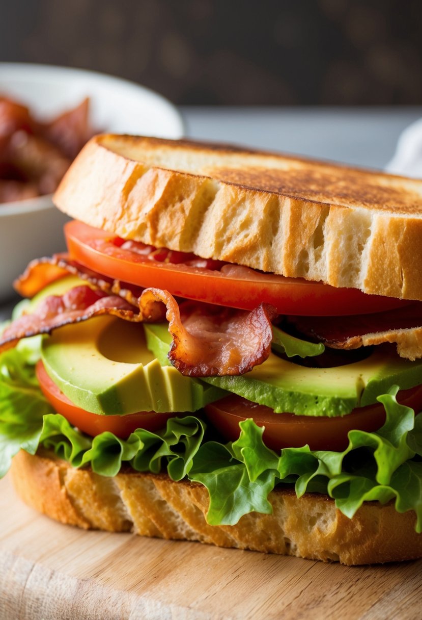 A sandwich filled with crispy bacon, fresh lettuce, ripe tomato, and creamy avocado slices, all nestled between two slices of golden toasted bread