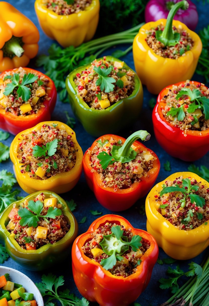 A colorful array of stuffed bell peppers filled with quinoa, surrounded by vibrant vegetables and herbs, ready for a fiber-rich dinner